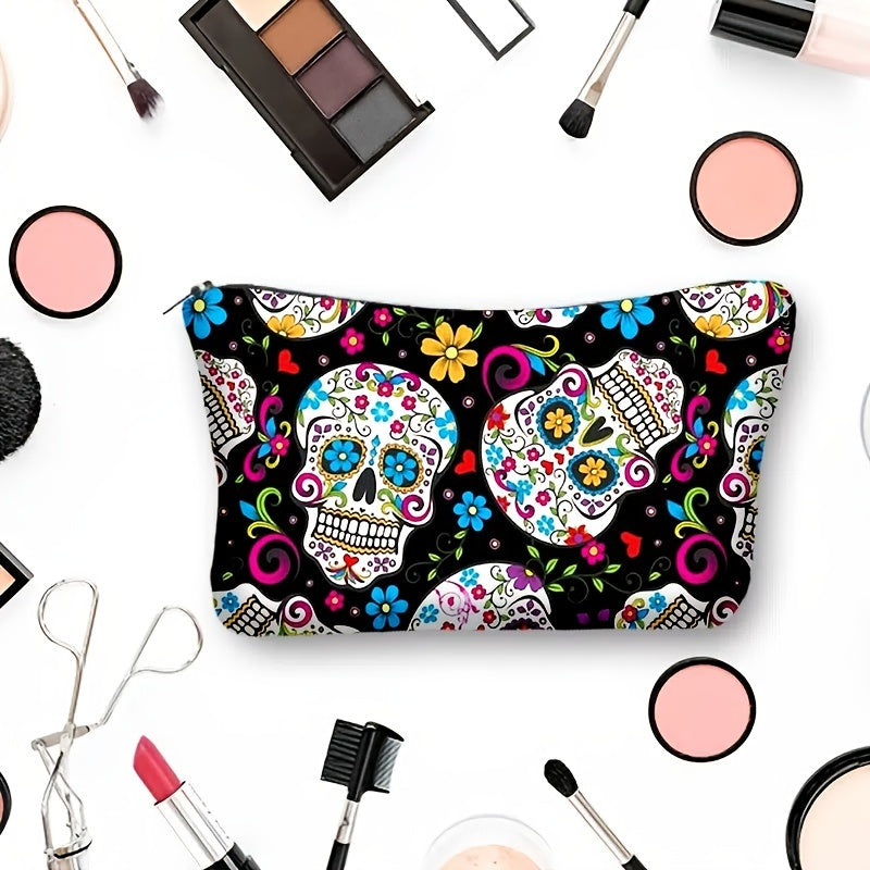 Flower Skull Zipper Storage Bag Lightweight Cosmetic Organizer