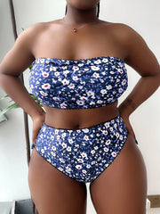 Ditsy Floral Bikini Set Wave Trim Tube Bra & Panty Swimsuit