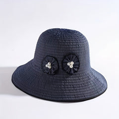 Striped Sun Hat Faux Pearl Wide Brim UV Protection Bucket Hat