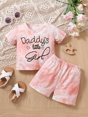 2pc Toddler Girls Tie Dye T-Shirts Heart/Letter Graphic Round Neck Shorts Set