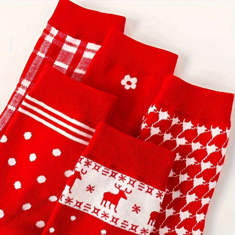 5 Pairs Floral Dot & Plaid Print Socks Christmas Women's Stockings