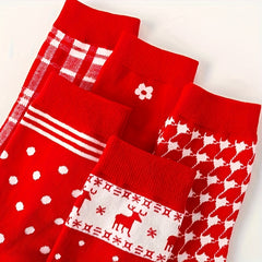 5 Pairs Floral Dot & Plaid Print Socks Christmas Women's Stockings