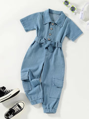 Girls Casual Short Sleeve Denim Jumpsuit Romper With Belt