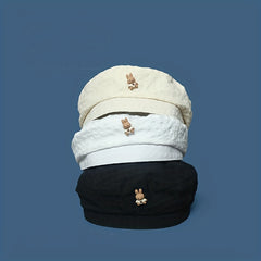Rabbit Beret Solid Embossed Breathable Octagonal Hat