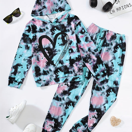 Girl's Tie Dye 2pcs Hoodie & Sweatpants Set Love Heart Print Top