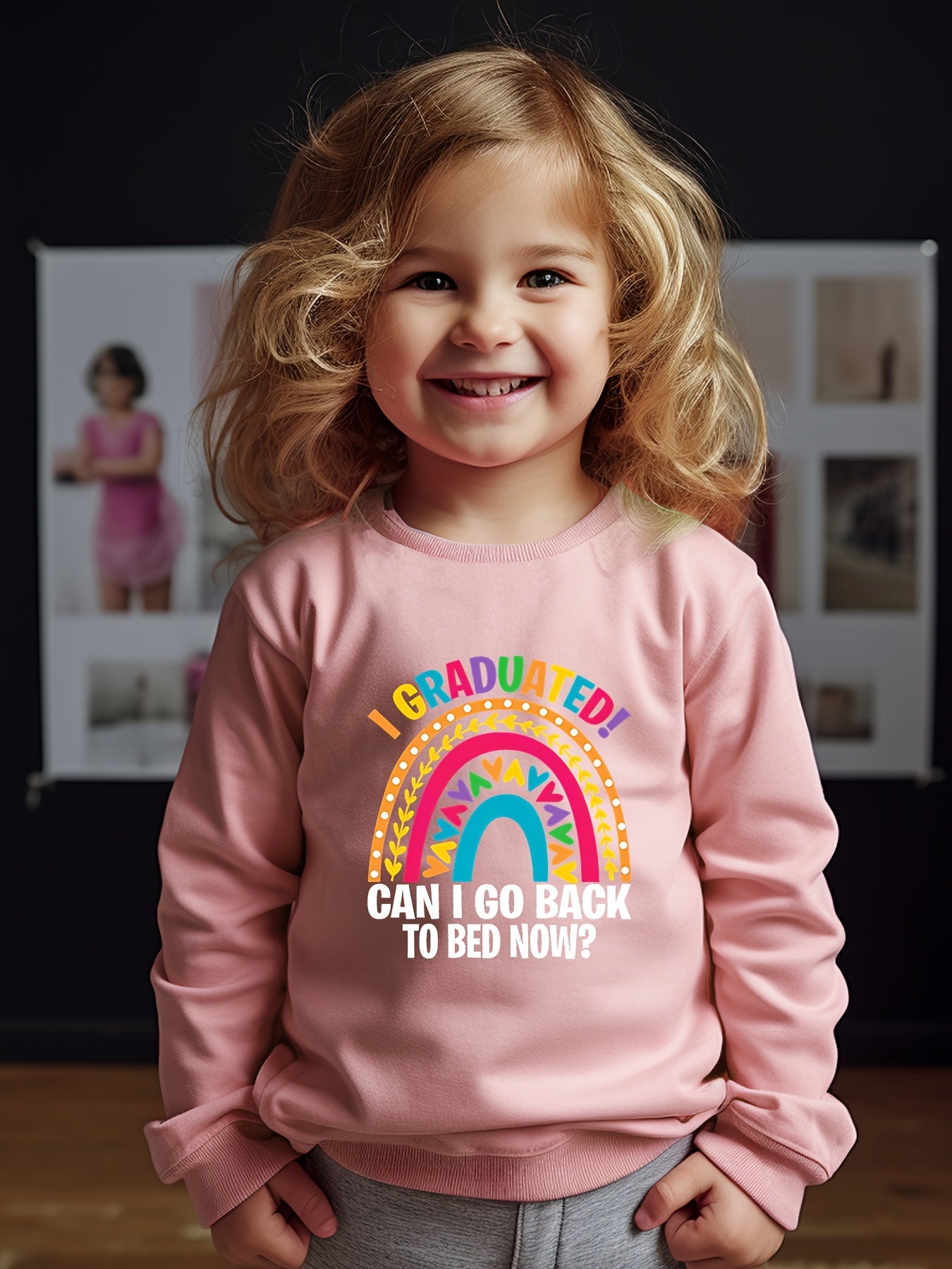 Girls Rainbow Pattern Crew Neck Long Sleeve Sweatshirt