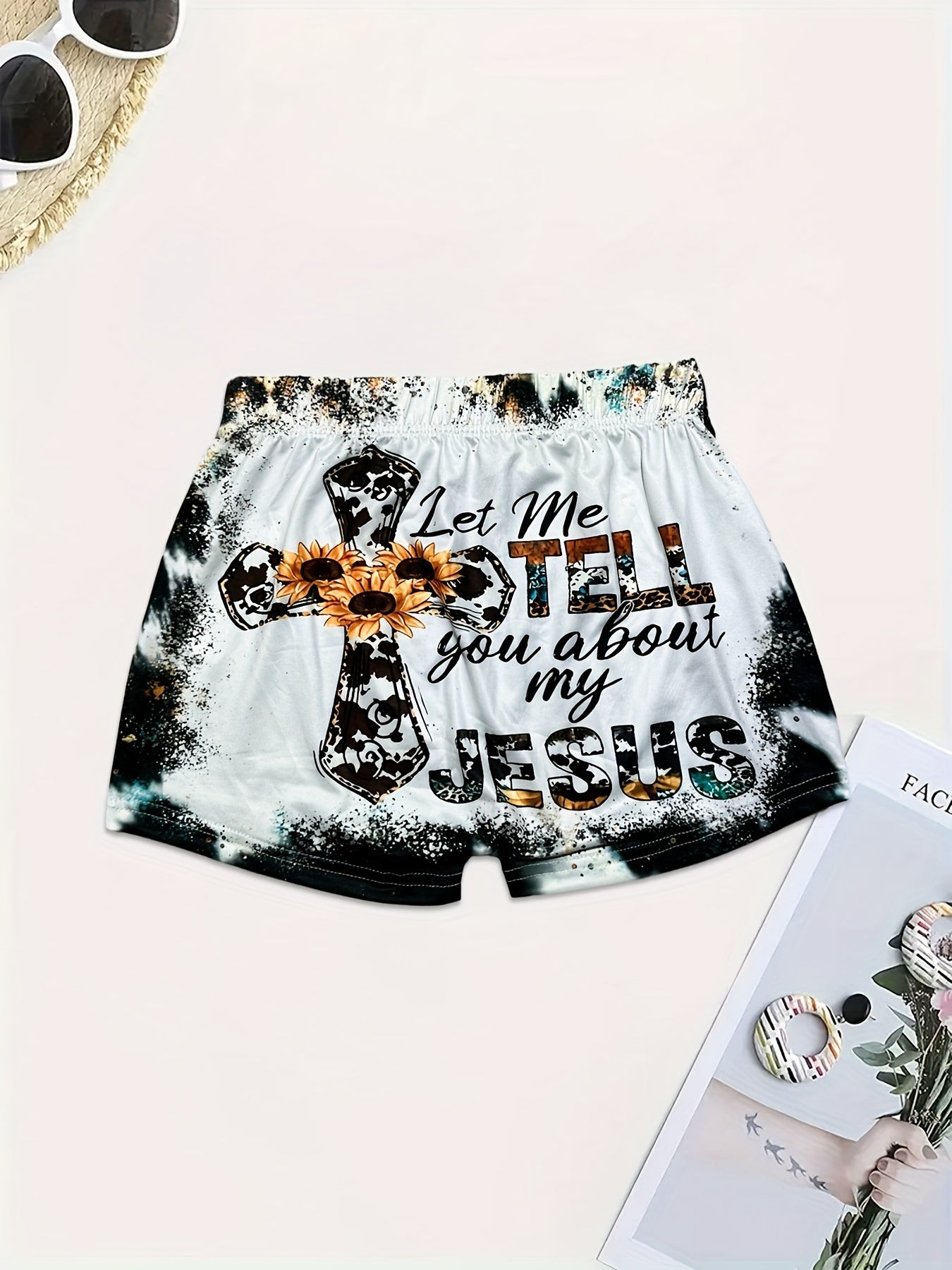 Letter & Flower Cross Print Skinny Shorts