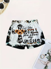 Letter & Flower Cross Print Skinny Shorts