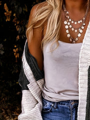 Colorblock Cable Lantern Sleeve Open Front Cardigan