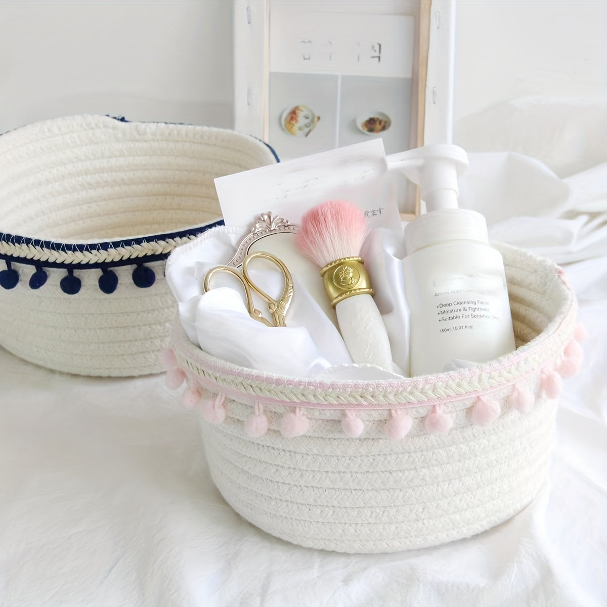 Cotton Rope Storage Basket Ethnic Tassel Storage Frame