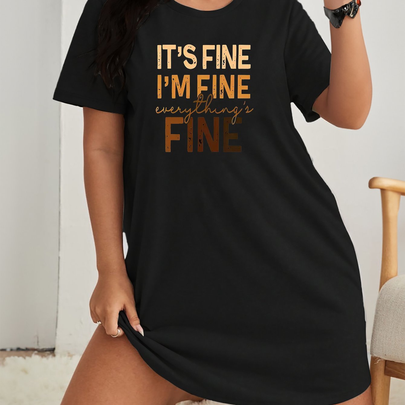 Slogan Print Round Neck Tee Nightdress
