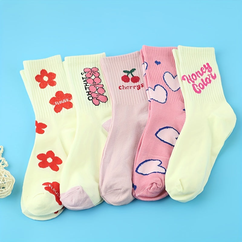 5 Pairs Letter & Heart Print Mid Tube Socks Women's Stockings & Hosiery