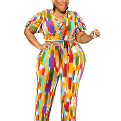 Colorblock Short Sleeve Belted Crop Top & Pants Set Plus Size Women's Outfit