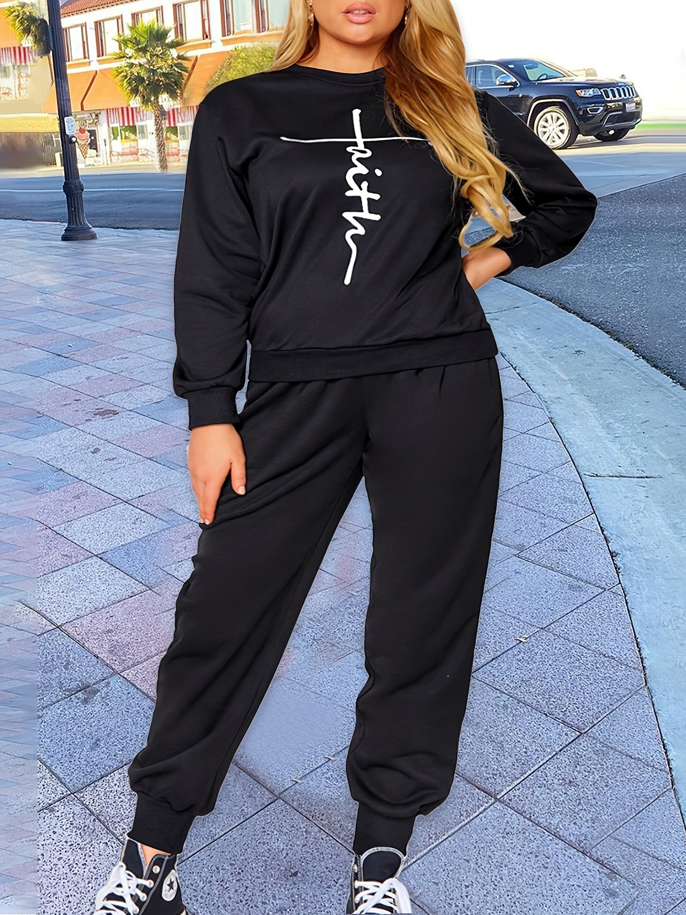 Cross Letter Print Crew Neck Pullover & Joggers Set
