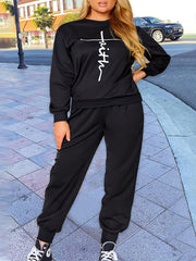 Cross Letter Print Crew Neck Pullover & Joggers Set