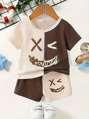 2pcs Boys Funny Face Block T shirt & Shorts Summer Clothes Sets
