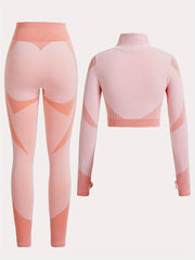 2pcs Yoga Workout Set Long Sleeve Zip Up Sports Tops & Leggings Suit