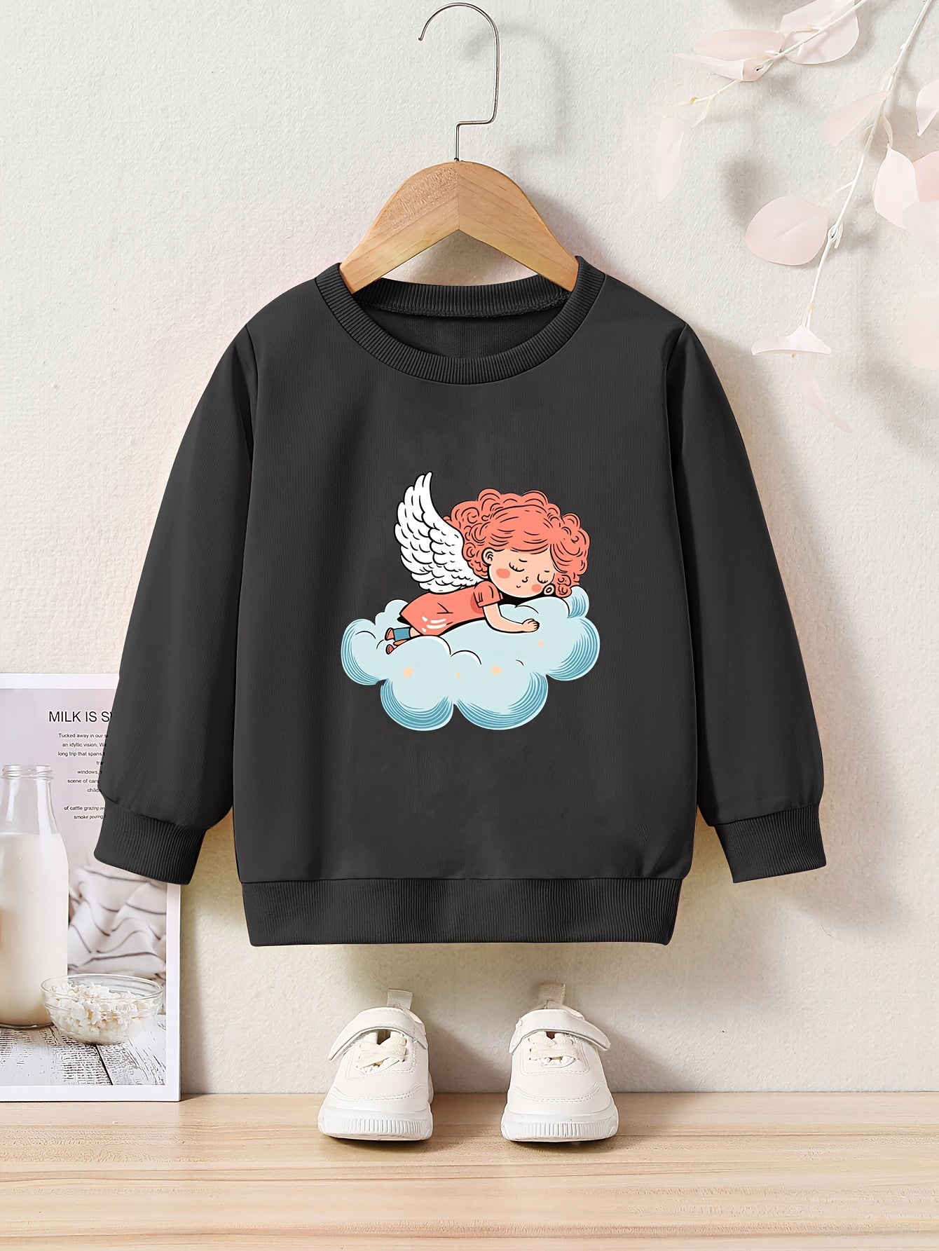 Angel Print Sweatshirt Girls Graphic Pullover for Kids Fall Winter