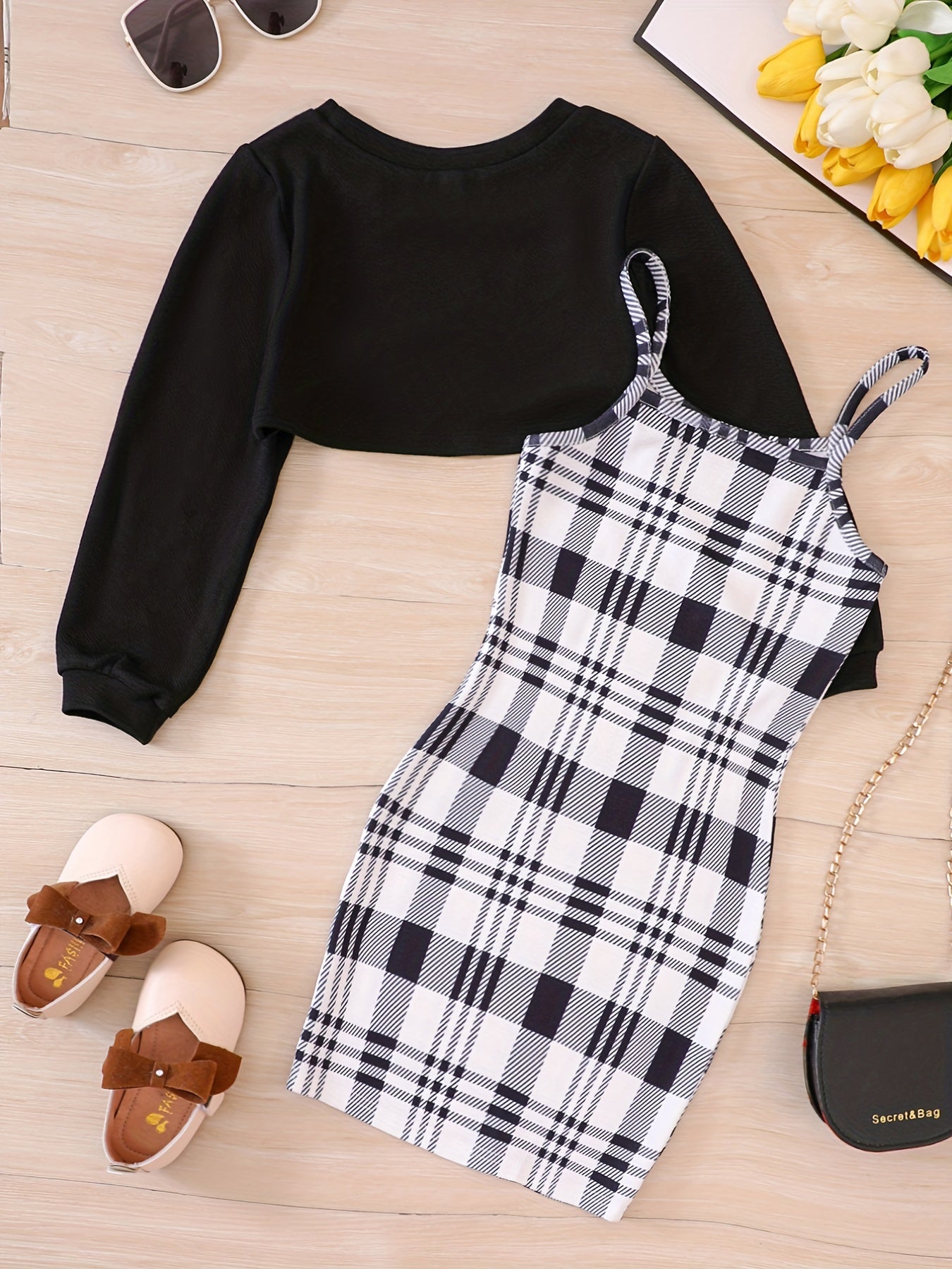 Girl's Plaid Sundress & Crop Sweatshirt Set for Spring Autumn