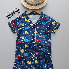 Boys Cartoon Cars Pajamas Set Short Sleeves Tops & Bottoms Cozy Homewear