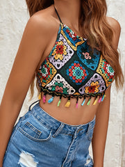 Boho Graphic Print Halter Top Tassel Backless Lace Up Halter Top