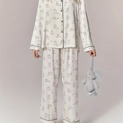 Rabbit Print Pajama Set Long Sleeve Top & Pants Women's Sleepwear