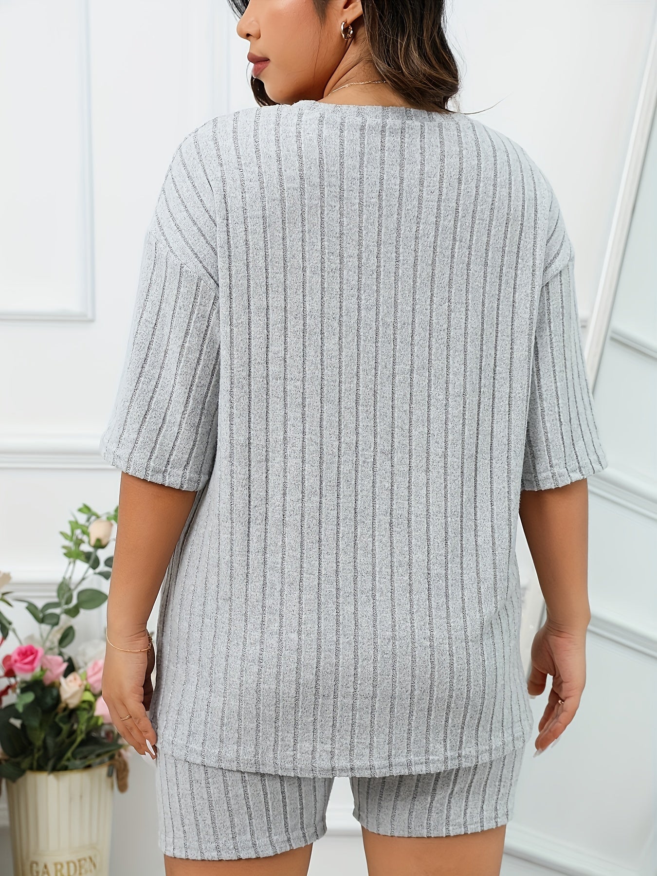 Lounge Set Ribbed Knit Half Sleeve Tee & Biker Shorts Pajama Set