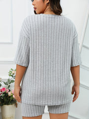 Lounge Set Ribbed Knit Half Sleeve Tee & Biker Shorts Pajama Set