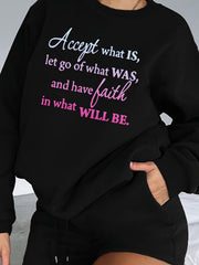Women's Plus Slogan Print Fleece Liner Sweatshirt & Shorts Set