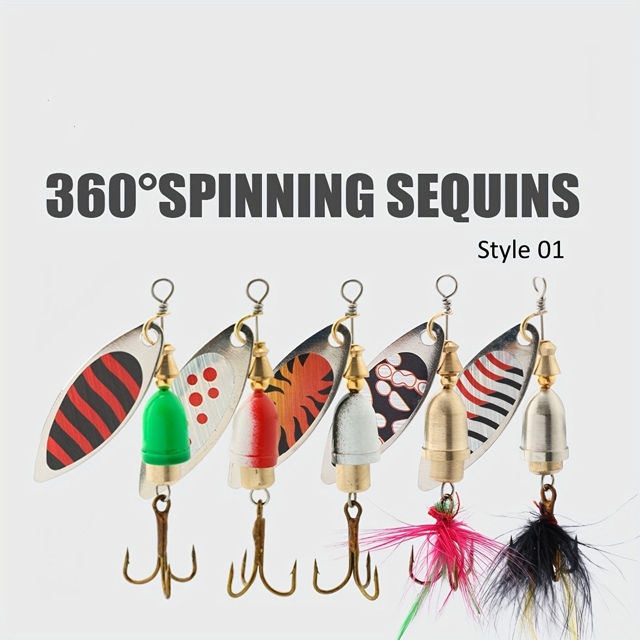 5pcs Sequin Spinner Fishing Lure Feathered Hard Bait Treble Hook