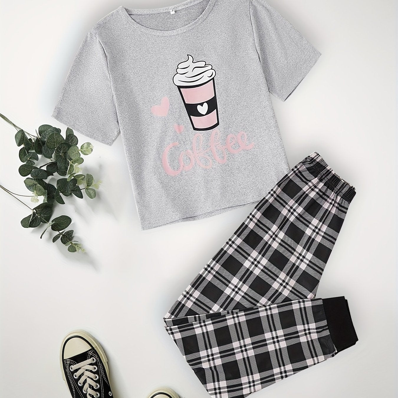 Ice Cream & Plaid Pajama Set Short Sleeve Crew Neck Top & Pants