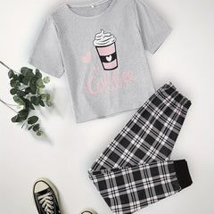 Ice Cream & Plaid Pajama Set Short Sleeve Crew Neck Top & Pants