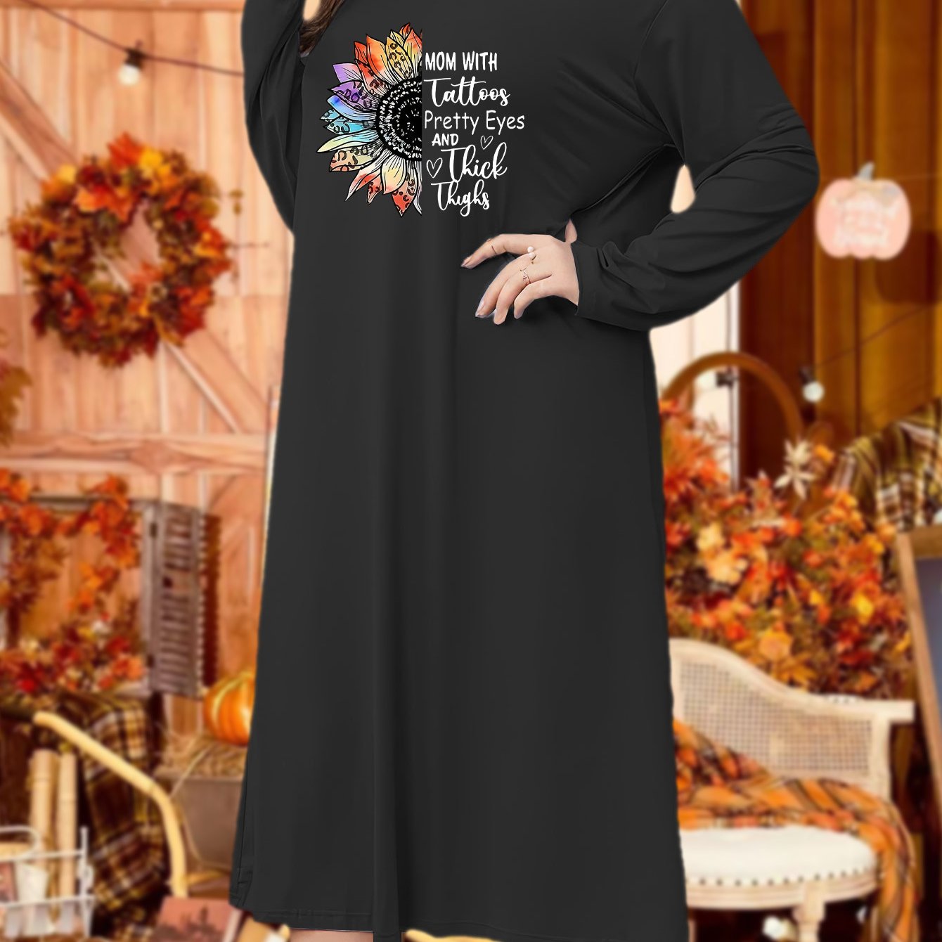 Sunflower & Letter Print Long Sleeve Tee Sleep Dress