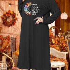 Sunflower & Letter Print Long Sleeve Tee Sleep Dress