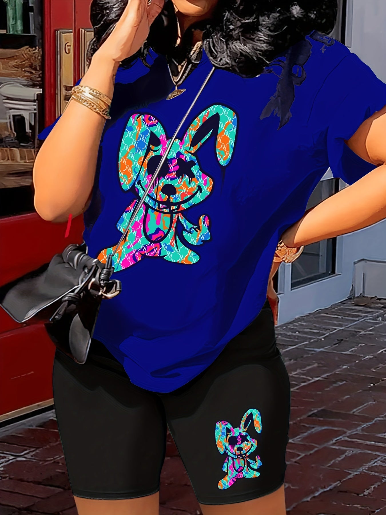 Cartoon Print 2pc Outfit Short Sleeve T Shirt & Shorts Set Women's Clothing