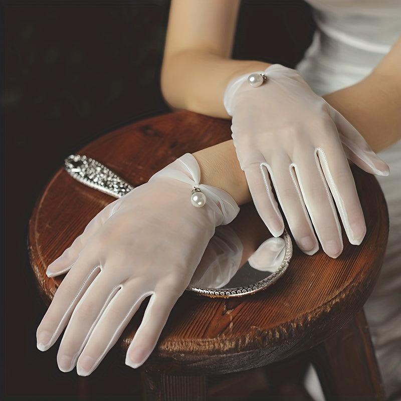 Faux Pearl Mesh Full Finger Wedding Gloves