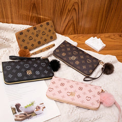 Girls Zipper Long Wallet Handbag Coin Purse With Fur Ball