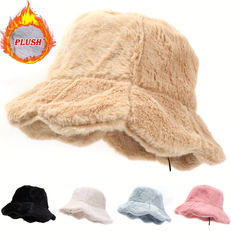Winter Plush Warm Bucket Hat With Lotus Leaf Edge Men Women