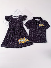School Bus Print Dress and Polo Shirt Set for Siblings
