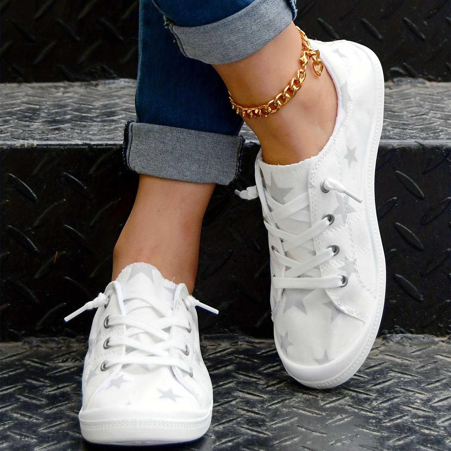 Star Pattern Skate Shoes Lace Up Lightweight Running Shoes Women's