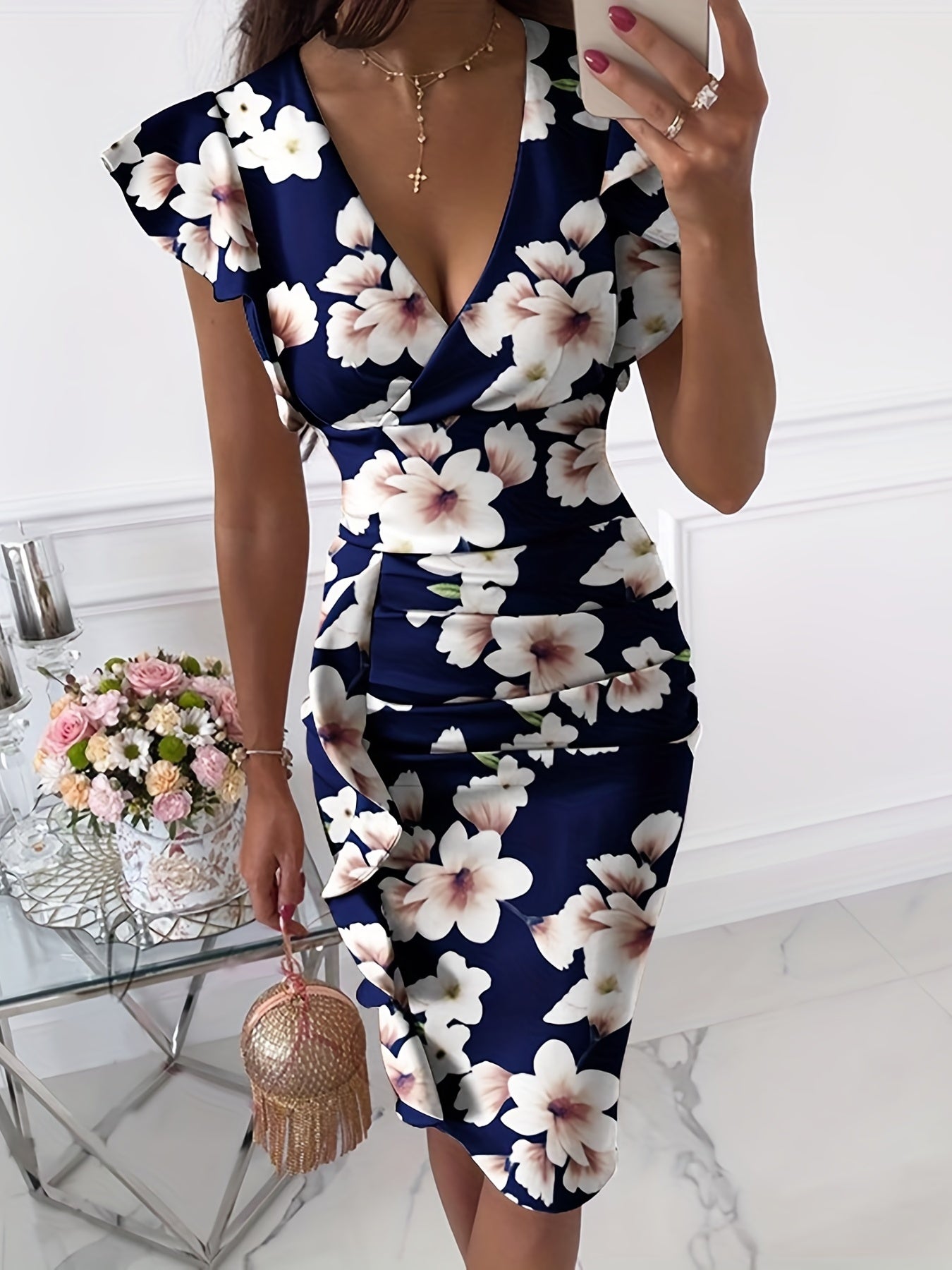 Vintage Floral Print V Neck Dress Ruffle Trim Bodycon Summer Dress