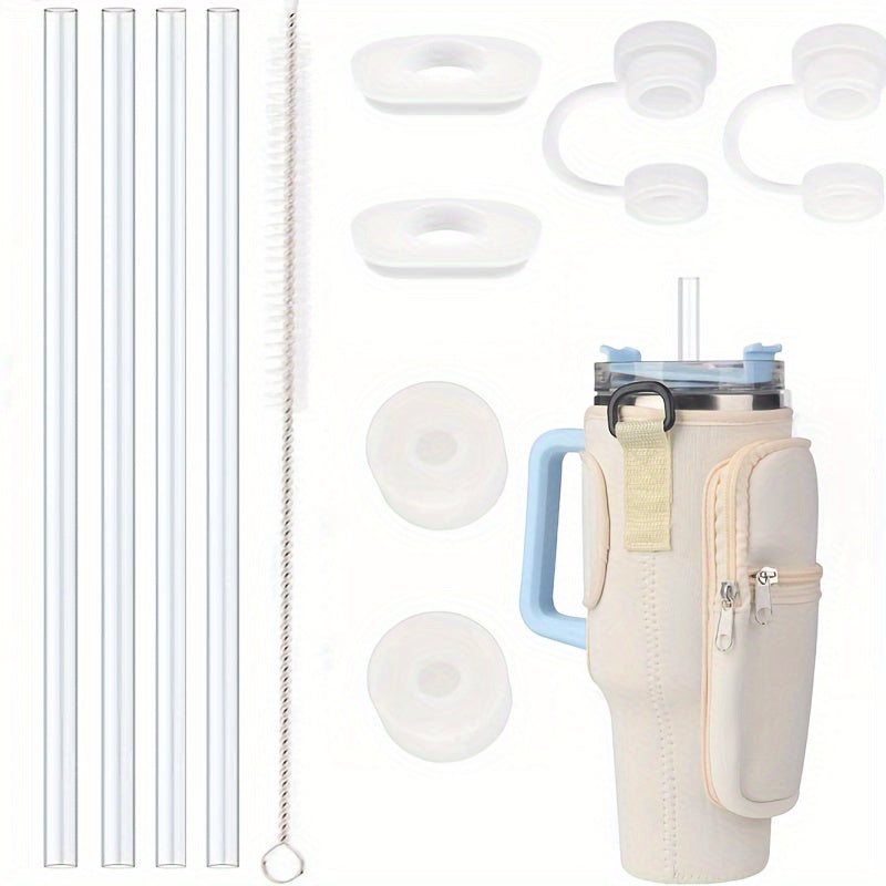 4Pcs Reusable Straws, 6 Silicone Stoppers, Brush, Bag - Cup Accessories