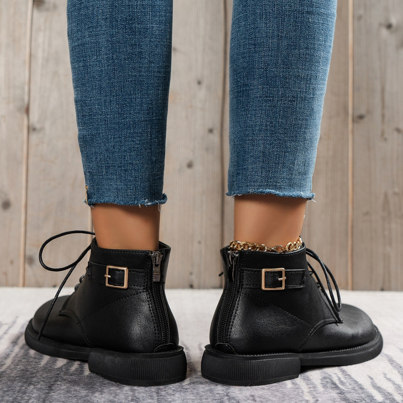 Women's Lace-Up Ankle Boots Solid Faux Leather