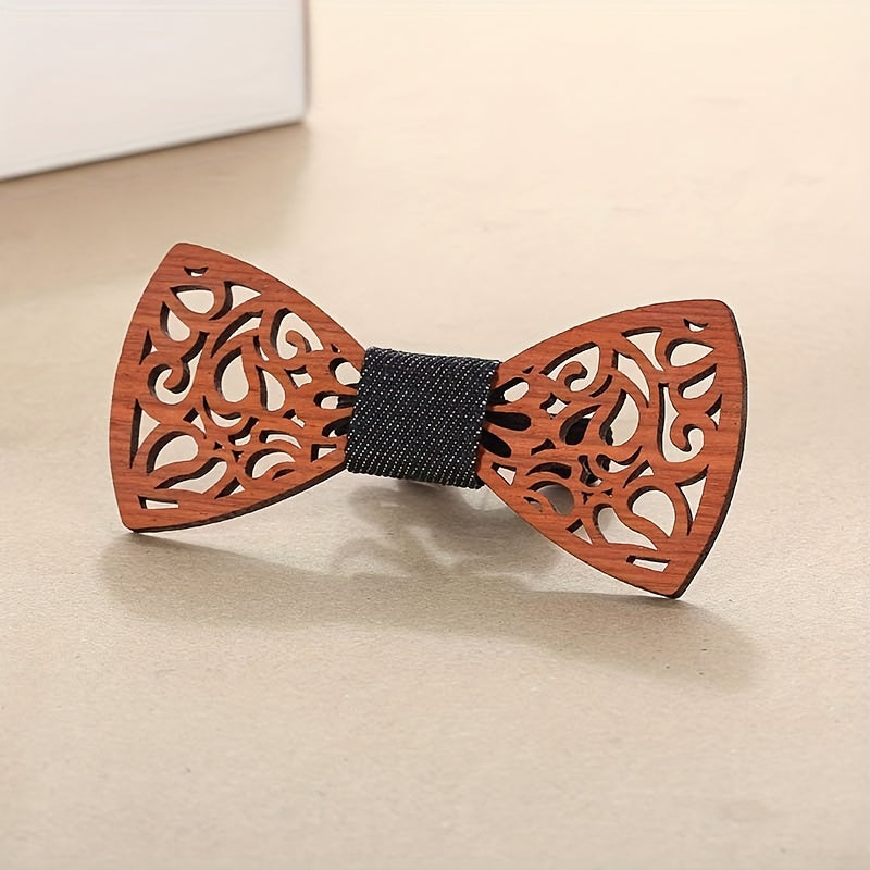 Wooden Bow Tie Vintage Adjustable Strap Bowtie Engraved Natural Wood Neck Tie