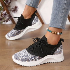 Women's Glitter Sequins Platform Sneakers Lace Up Outdoor Shoes