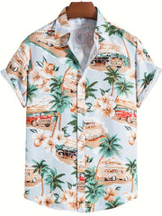 Retro Cat & Coconut Tree Print Men's Hawaiian Shirt