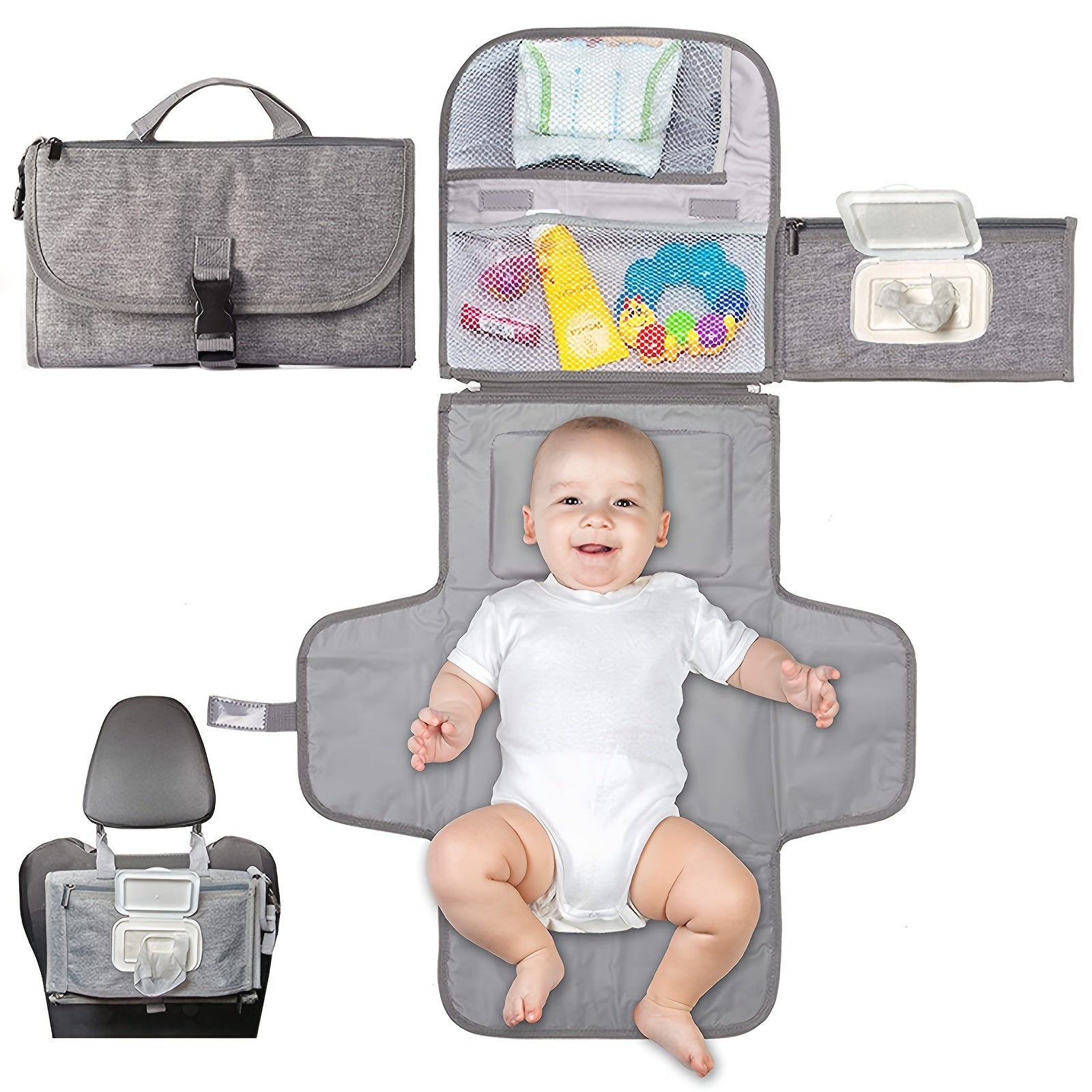 Portable Diaper Changing Pad w/ Head Cushion & Wipes Pocket
