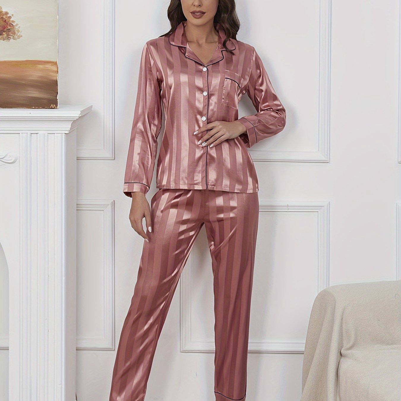 Striped Satin Pajama Set Long Sleeve Button Top & Pants