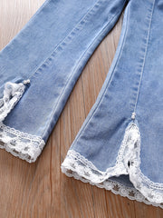 Girls Jeans Lace Cuffs Bell Bottom Pants for Spring/Autumn