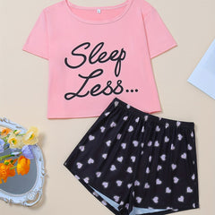 Letter Print Pajamas Set Short Sleeve Top & Shorts Women's Sleepwear